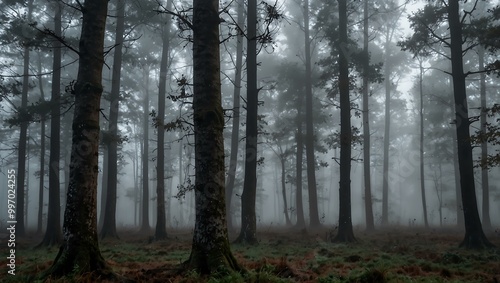 Trees in fog on a misty morning in the forest.