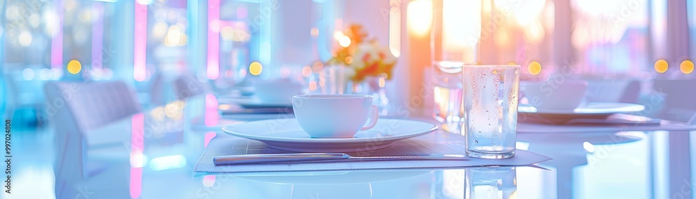 A modern dining table setting with elegant glassware and delicate flower arrangements, bathed in soft, colorful lighting. A modern dining table setting with elegant glassware and delicate flower arrangements, bathed in soft, colorful lighting.