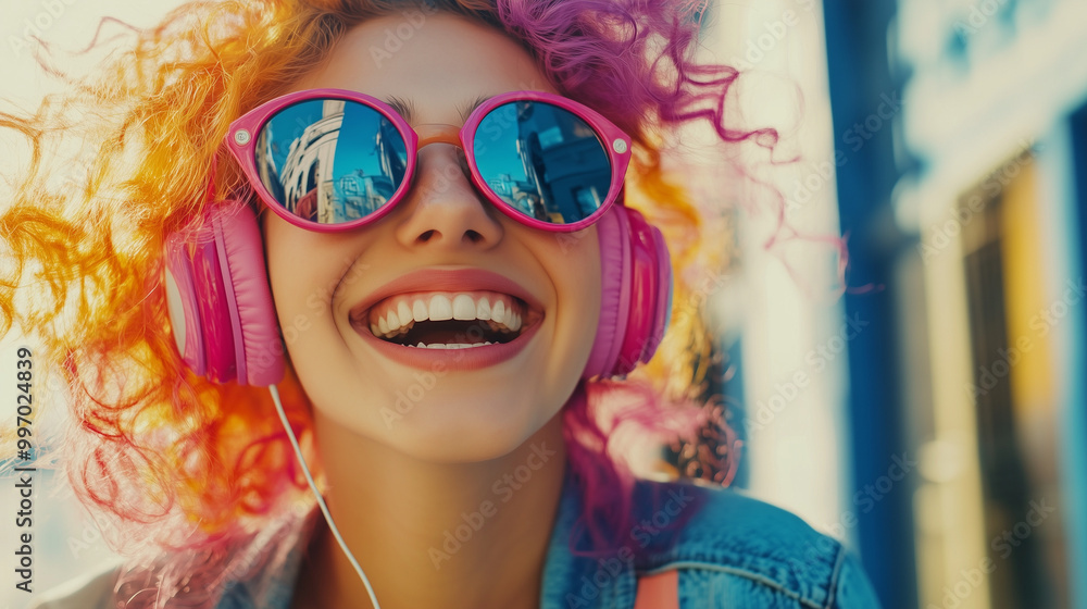 Fototapeta premium Piękna, młoda kobieta z kręconymi włosami w różnych kolorach słucha muzyki, uśmiechając się od ucha do ucha.