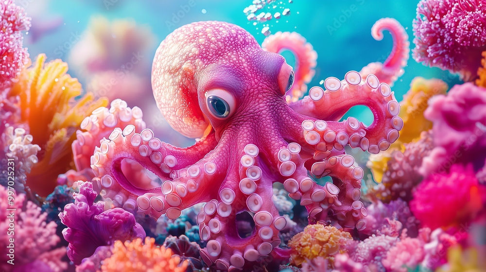 Obraz premium Vibrant Pink Octopus in a Coral Reef