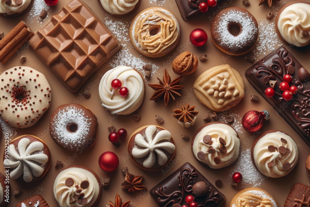 Whimsical pattern of winter holiday sweets, with cookies, festive donuts, and holiday chocolates. Generative AI Whimsical pattern of winter holiday sweets, with cookies, festive donuts, and holiday chocolates. Generative AI