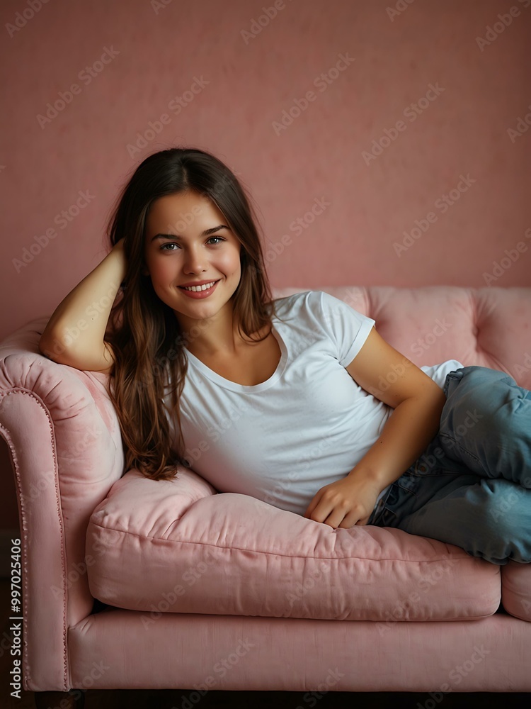 Two sisters or mother and daughter on a pink sofa. Two sisters or mother and daughter on a pink sofa.