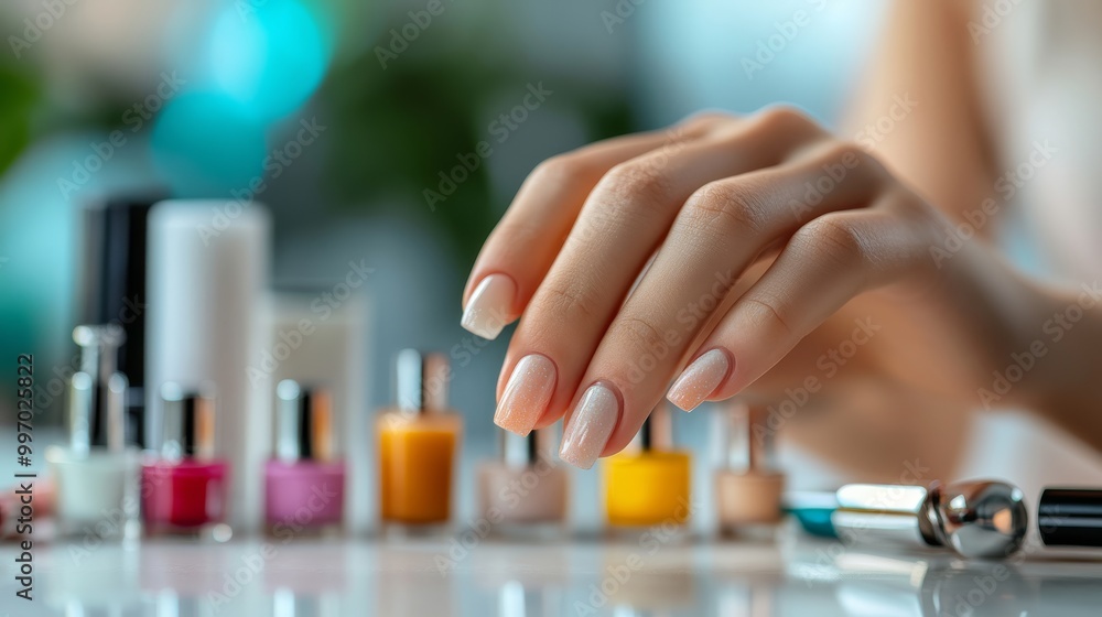 A model expertly applies a French manicure to her nails, showcasing the art of nail care. Various colorful nail polishes are neatly arranged nearby for easy access A model expertly applies a French manicure to her nails, showcasing the art of nail care. Various colorful nail polishes are neatly arranged nearby for easy access