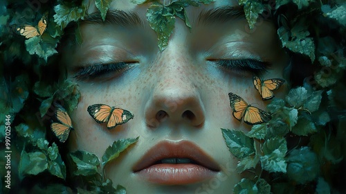 Woman's Face Surrounded by Green Leaves and Butterflies