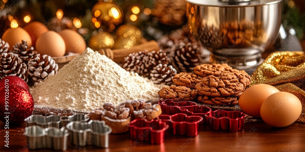 Festive holiday baking scene with cookies, flour, eggs, cookie cutters, and Christmas decorations. Festive holiday baking scene with cookies, flour, eggs, cookie cutters, and Christmas decorations.
