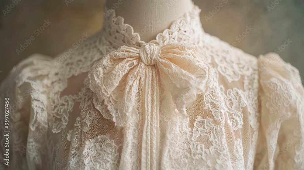 This elegant lace blouse showcases intricate detailing with a soft feminine bow at the neckline, highlighting its delicate craftsmanship and stylish design This elegant lace blouse showcases intricate detailing with a soft feminine bow at the neckline, highlighting its delicate craftsmanship and stylish design