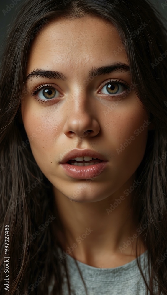 Young woman with long dark hair expressing surprise. Young woman with long dark hair expressing surprise.