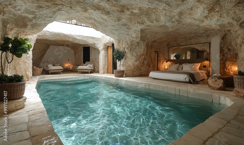 Explore the serene underground suite at the ancient stone castle hotel with a private pool for a unique getaway experience photo