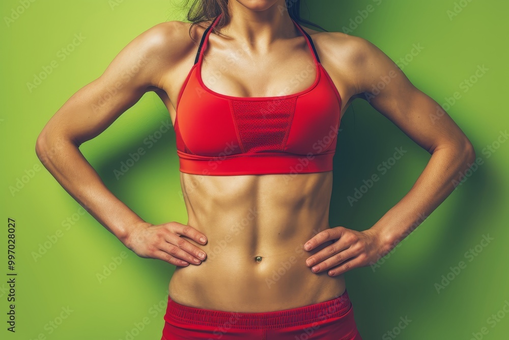 A close up of a woman toned midsection wearing a red bikini set, posed against a solid green background. The image emphasizes fitness and body aesthetics. A close up of a woman toned midsection wearing a red bikini set, posed against a solid green background. The image emphasizes fitness and body aesthetics.