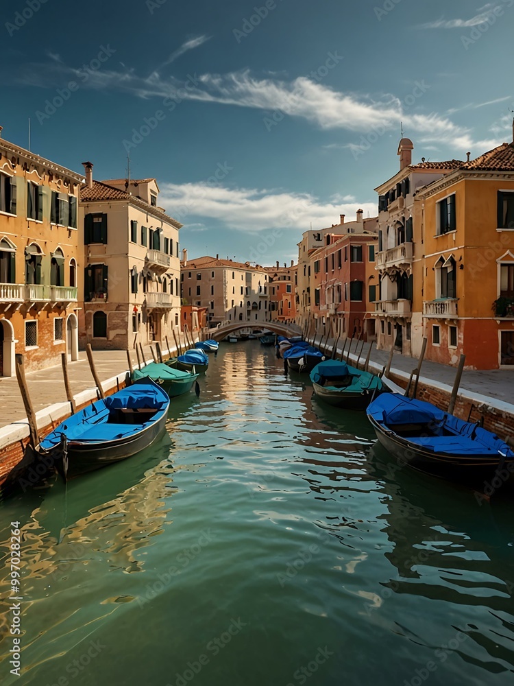 Venetian canal lined with historic houses and boats. Venetian canal lined with historic houses and boats.