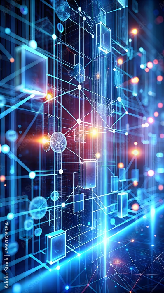 Obraz premium Blockchain Network Concept Big Data Visualization and Cybersecurity. Distributed Ledger Technology with Circles, Lines, and Particles Visualization