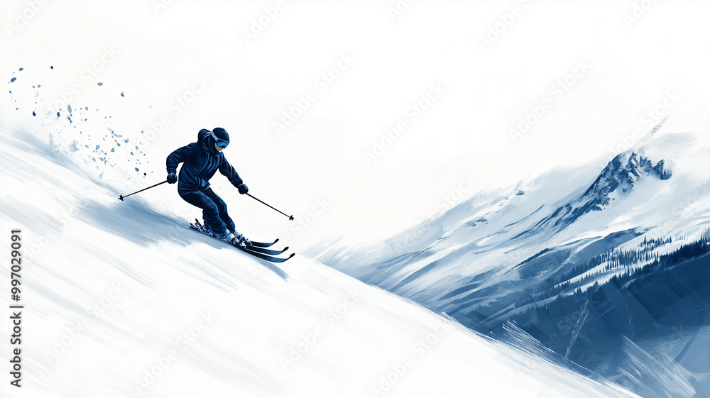 copy space, vector illustration, hand drawn , Advanced skier slides near mountain downhill. Sports descent on skis in mountains hills. Winter activity. Skiing in winter Alps. Experienced skier. Advert copy space, vector illustration, hand drawn , Advanced skier slides near mountain downhill. Sports descent on skis in mountains hills. Winter activity. Skiing in winter Alps. Experienced skier. Advert