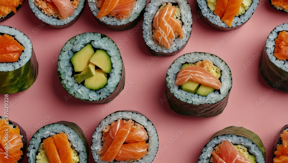 Vibrant Sushi Rolls on Pink Background for Food Lovers Vibrant Sushi Rolls on Pink Background for Food Lovers
