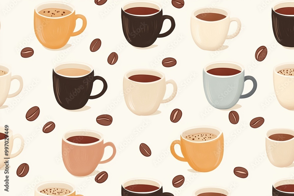 A flat illustration featuring various coffee mugs and scattered coffee beans in a seamless pattern, evoking warmth and the love for coffee A flat illustration featuring various coffee mugs and scattered coffee beans in a seamless pattern, evoking warmth and the love for coffee