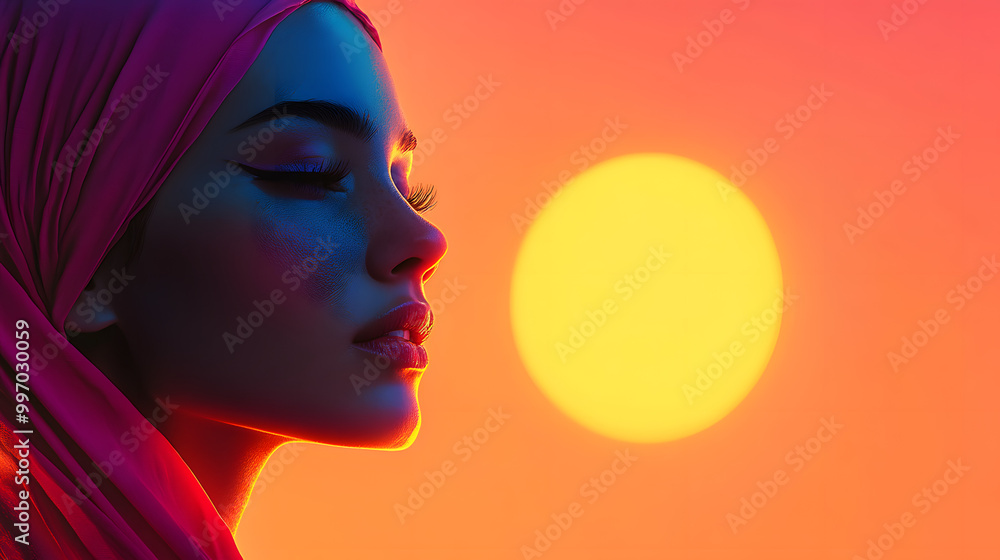 Serene Woman in Vibrant Sunset, Arabic Style. Serene Woman in Vibrant Sunset, Arabic Style.