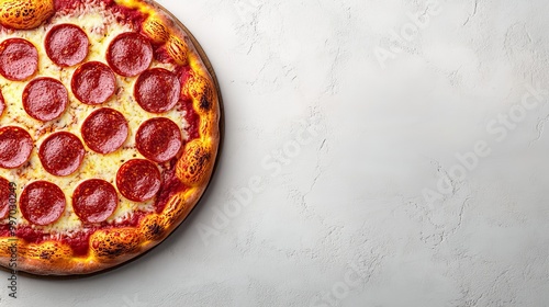 Aerial view of pepperoni pizza with salami and cheese on a white background photo