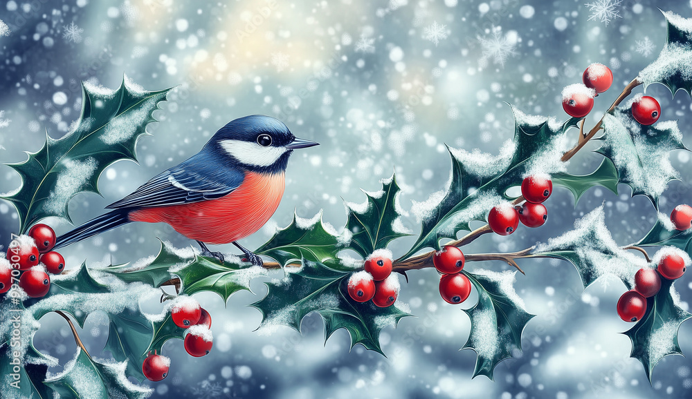 Snowy Winter Bluebird on a Holly Branch with Red Berries — Perfect New Year Postcard, Xmas, Christmas Snowy Winter Bluebird on a Holly Branch with Red Berries — Perfect New Year Postcard, Xmas, Christmas