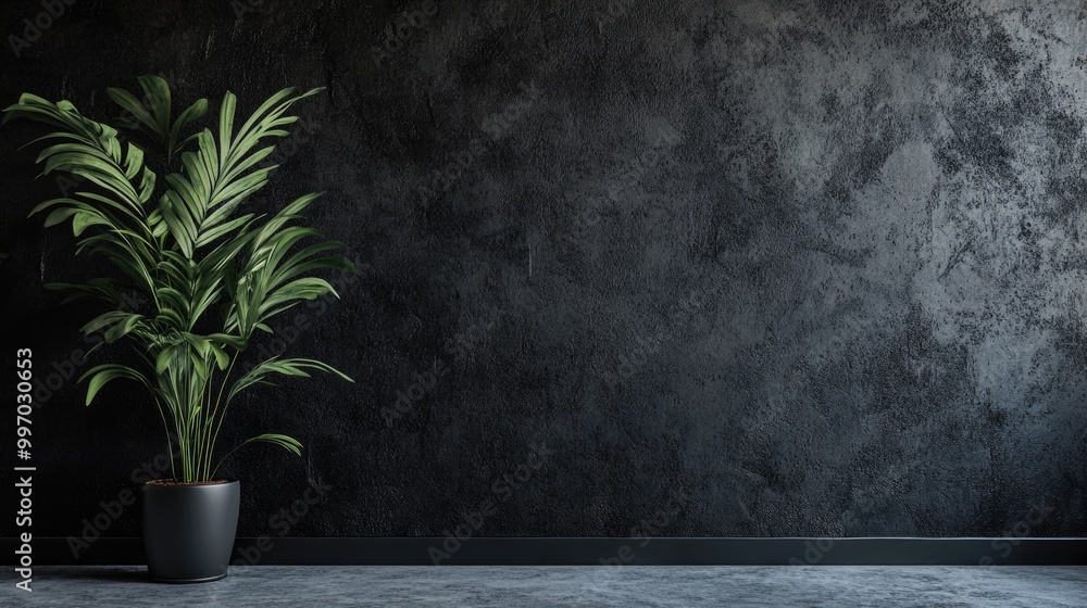 Modern Interior Design with Black Stucco Wall and Green Plant in Vase Modern Interior Design with Black Stucco Wall and Green Plant in Vase