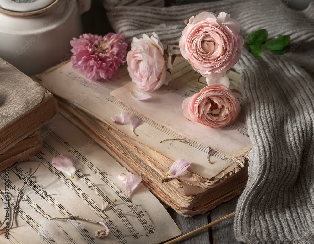 romantic still life, flowers, books and candles, comfortable home, serene lifestyle romantic still life, flowers, books and candles, comfortable home, serene lifestyle