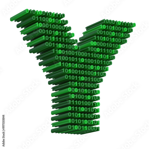3D isometric letter W font made from binary code digits on transparent background PNG