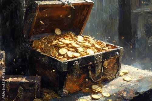 A cartoonish long shot of a bronze treasure chest filled with gold on a dark background photo