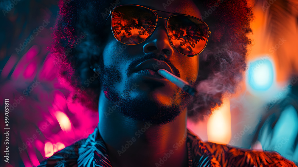 Stylish Man with Afro hairstyle Smoking in Neon Lights Stylish Man with Afro hairstyle Smoking in Neon Lights
