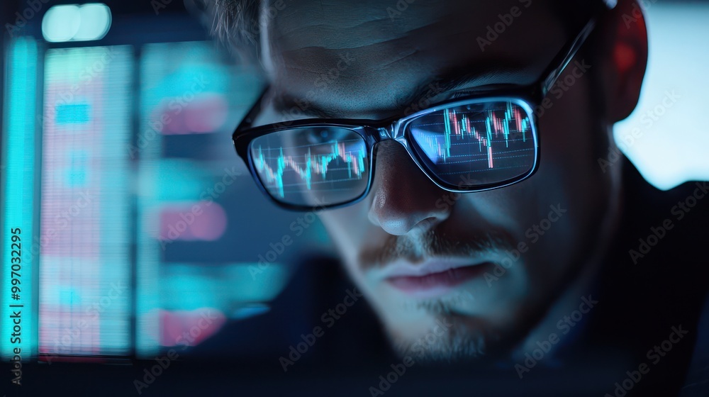 A trader intensely analyzing stock exchange graphs on a laptop, with reflections visible in glasses, focusing on detailed financial analysis. A trader intensely analyzing stock exchange graphs on a laptop, with reflections visible in glasses, focusing on detailed financial analysis.