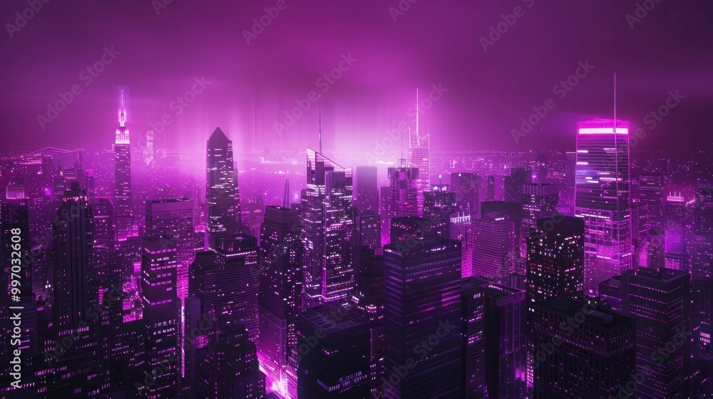 Obraz premium A breathtaking aerial view of a futuristic city skyline illuminated in vibrant purple tones amidst a misty atmosphere