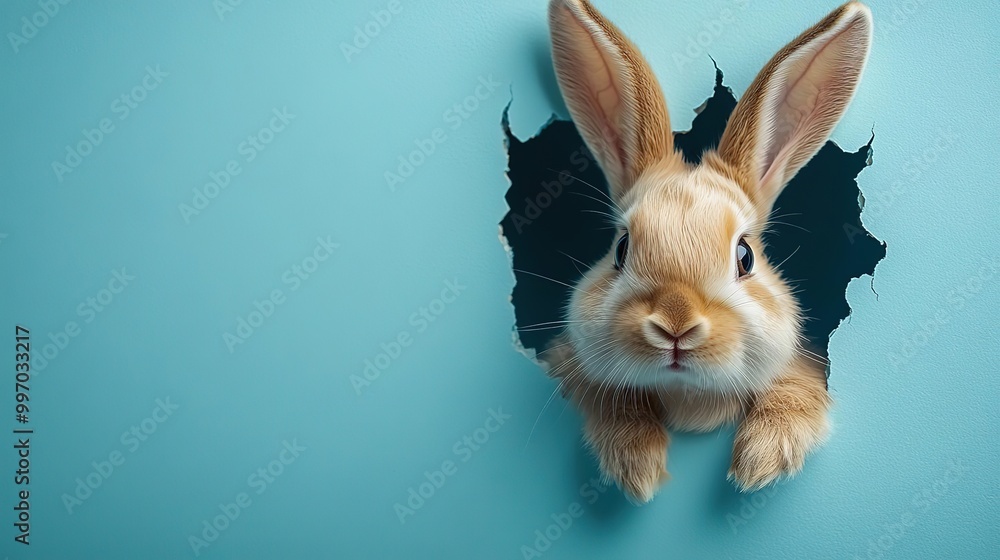 A cute rabbit emerging from a blue wall, showcasing its playful nature and charm in a vibrant setting. A cute rabbit emerging from a blue wall, showcasing its playful nature and charm in a vibrant setting.
