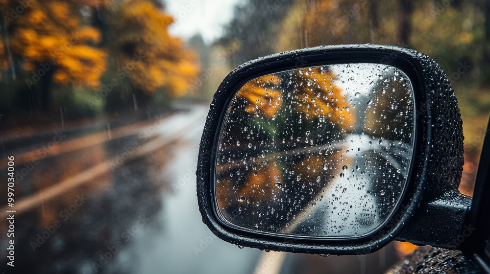 Raindrops cling to the surface of a side mirror, creating a blurred reflection of trees and a wet road, as the autumn rain continues to fall Raindrops cling to the surface of a side mirror, creating a blurred reflection of trees and a wet road, as the autumn rain continues to fall