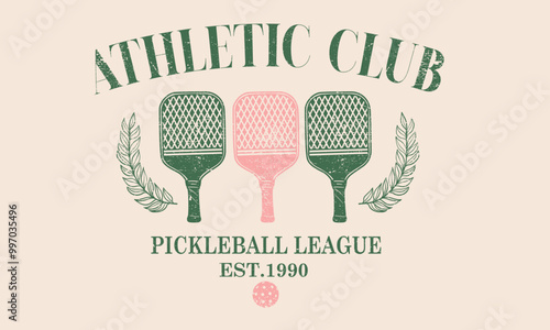 American athletic club graphic print design for t shirt. Pickleball sport club vector t-shirt design. Sport logo. Tennis college league. Vintage artwork for sportswear.