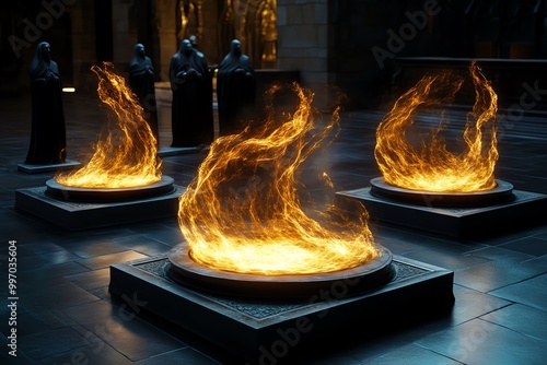 Fantasy-style rendition of King JoÃ£o I and Queen Philippa's tombs inside Batalha Monastery, where spirits rise from their resting places bathed in magical light