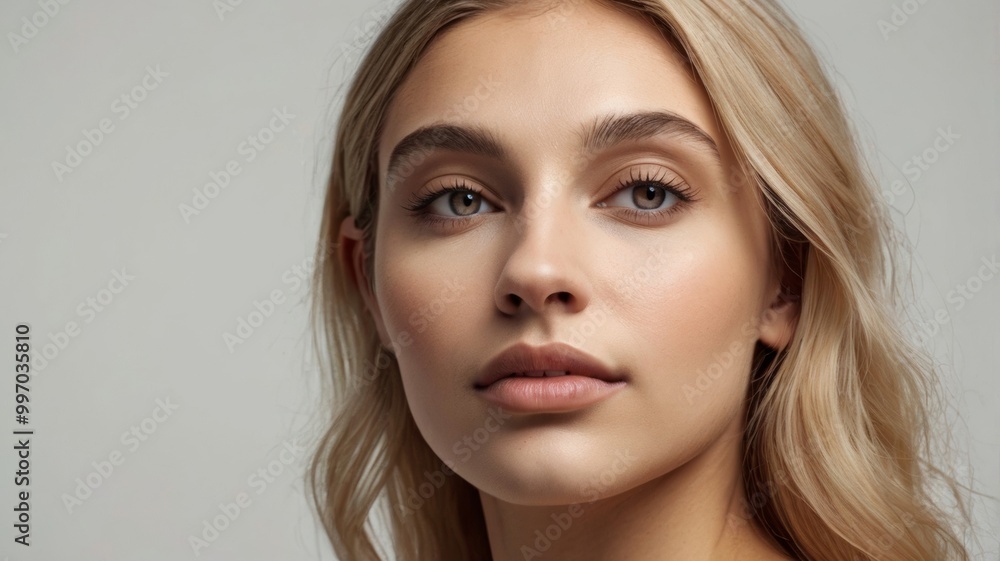 Beautiful woman with blond hair posing on grey background Beautiful woman with blond hair posing on grey background