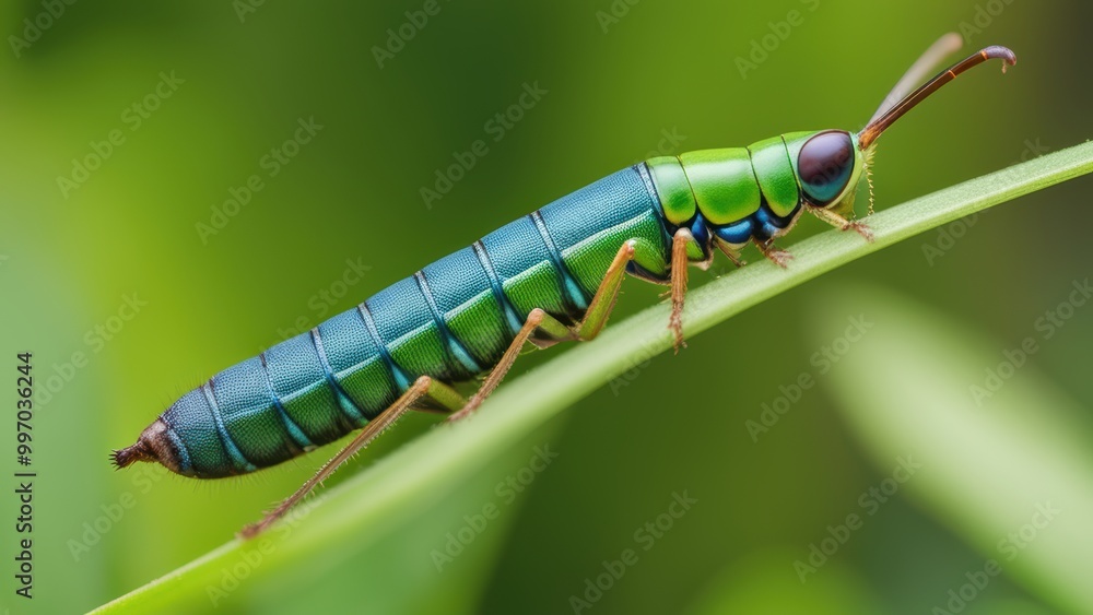 A green beetle rests on a partially submerged leaf in a soft-focus wet environment. A green beetle rests on a partially submerged leaf in a soft-focus wet environment.