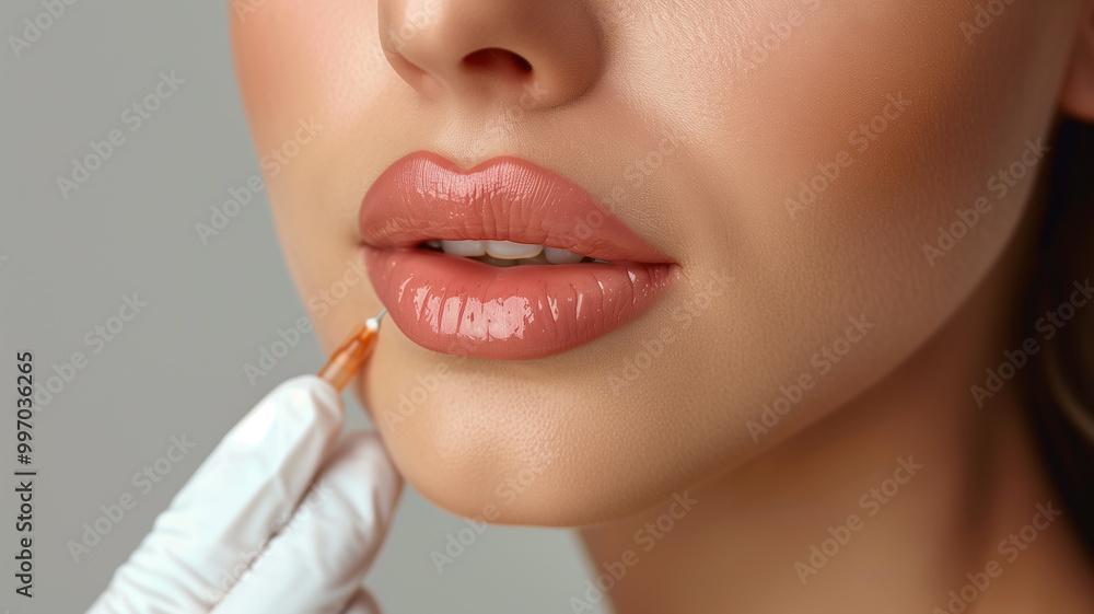 Obraz premium A close-up of a cosmetic procedure featuring the precise application of a lip filler injection by a professional in pink gloves. Perfect for promoting beauty clinics,