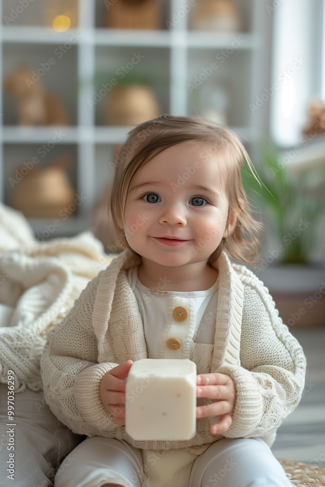 Curious infant exploring vibrant blocks during playtime indoors. Curious infant exploring vibrant blocks during playtime indoors.
