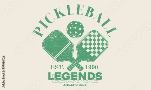 Vintage artwork for sportswear. Pickleball club vector t-shirt design. College font. Racket tournament. Tennis college league.