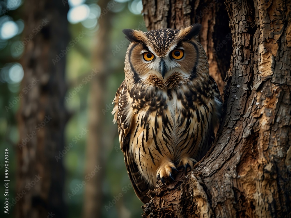 Wise old owl perched on a gnarled tree, eyes full of secrets. Wise old owl perched on a gnarled tree, eyes full of secrets.