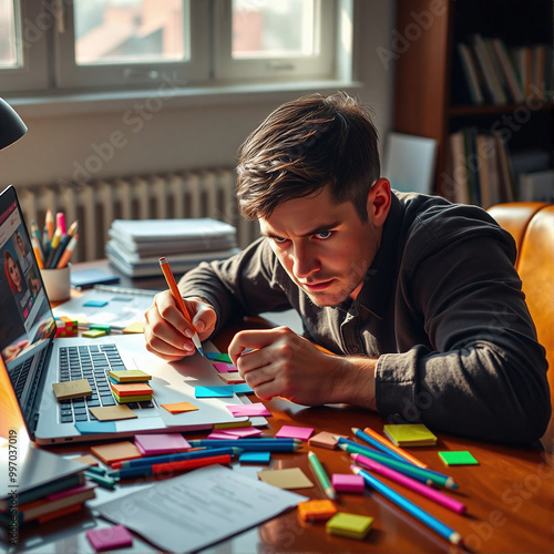 Focused student at a messy desk with colorful notes in a bright room