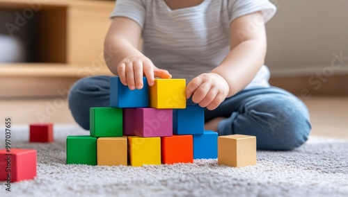 Child Playing with Colorful Wood