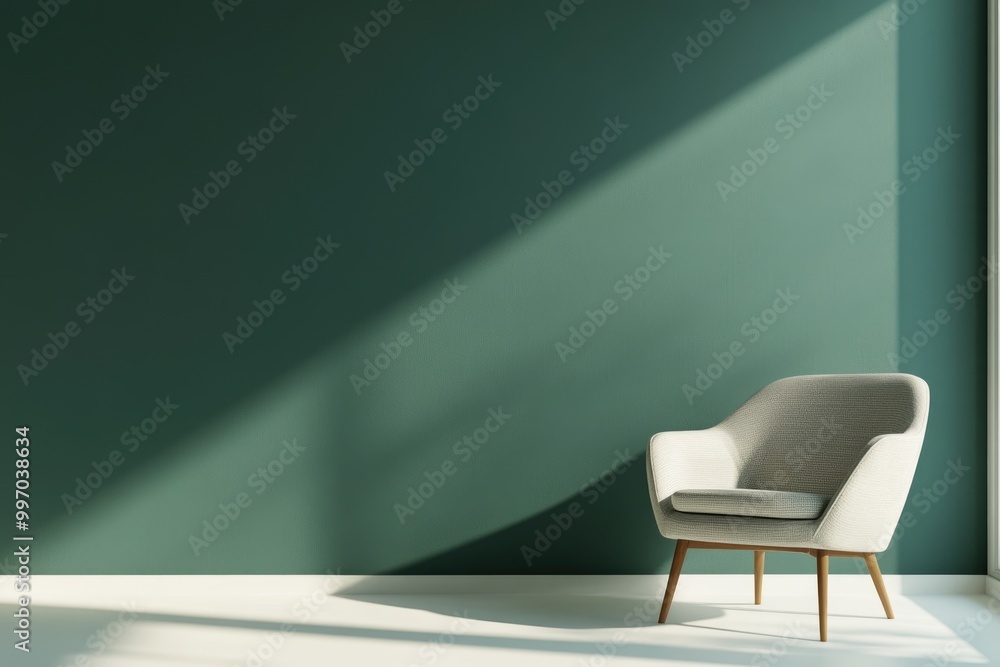 Minimalist Living Room Interior with Stylish Armchair on White and Dark Green Wall Background Minimalist Living Room Interior with Stylish Armchair on White and Dark Green Wall Background