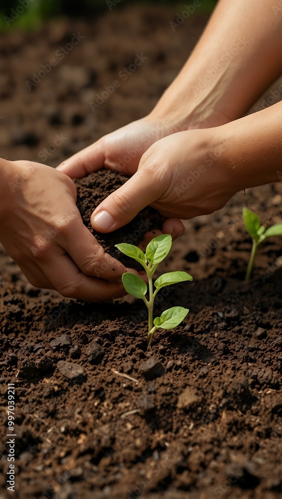 Yet another depiction of hands planting a seedling in soil. Yet another depiction of hands planting a seedling in soil.