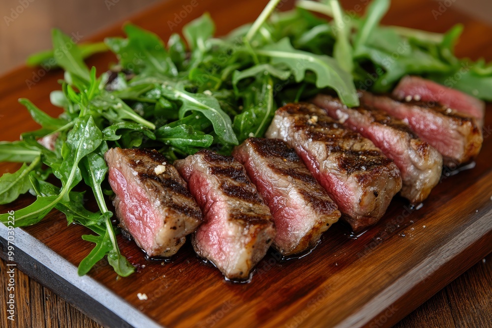 Grilled chuck roll beef steak with arugula - generative ai Grilled chuck roll beef steak with arugula - generative ai