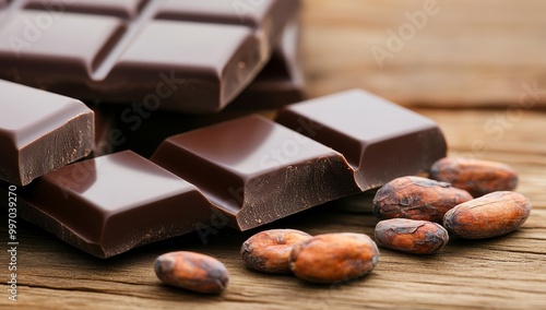 Close-Up Of Dark Chocolate Bars With Cocoa Beans