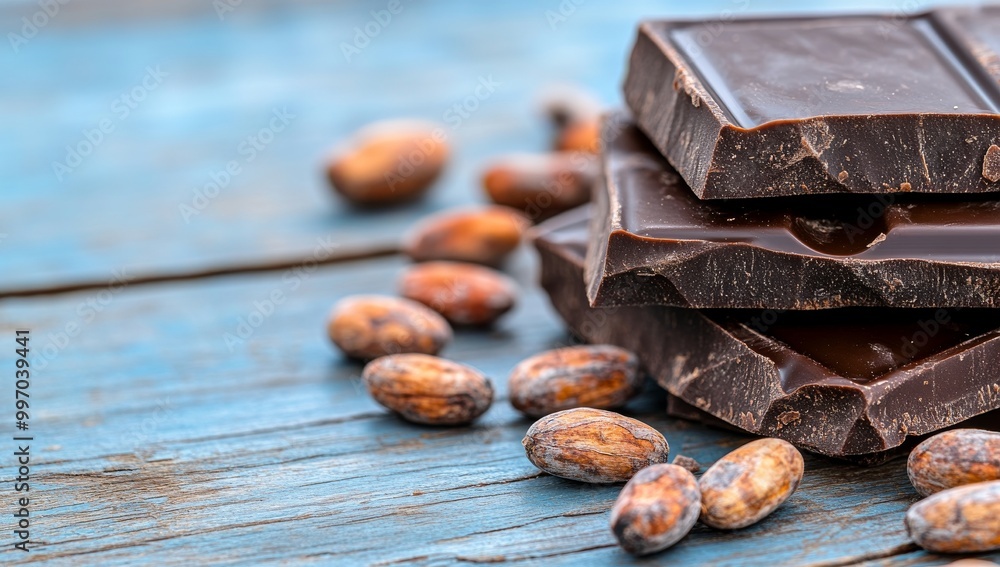 Close-Up Of Dark Chocolate Bars With Cocoa Beans Close-Up Of Dark Chocolate Bars With Cocoa Beans