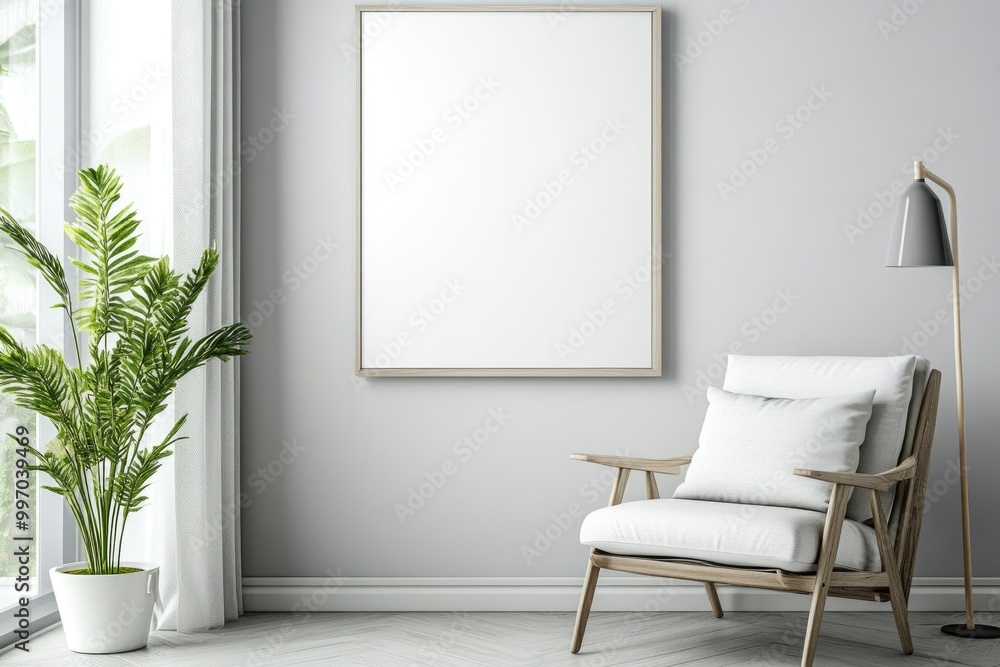 Modern Grey Living Room Interior with Minimalist Armchair and Elegant Lamp Modern Grey Living Room Interior with Minimalist Armchair and Elegant Lamp