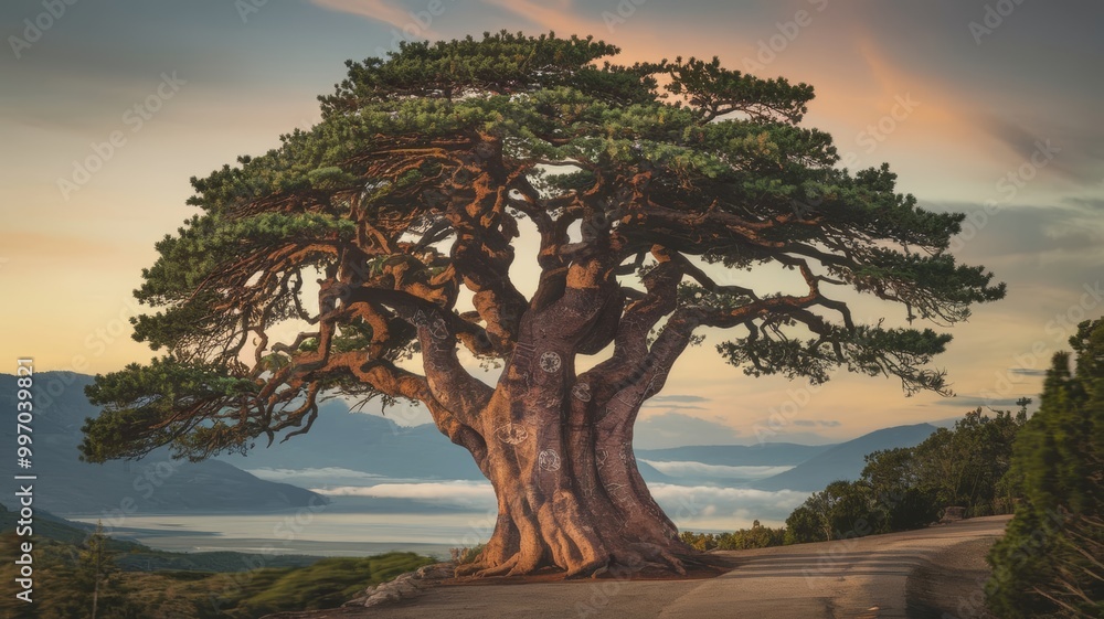 A majestic tree stands alone on a path, surrounded by scenic views, embodying nature’s beauty A majestic tree stands alone on a path, surrounded by scenic views, embodying nature’s beauty