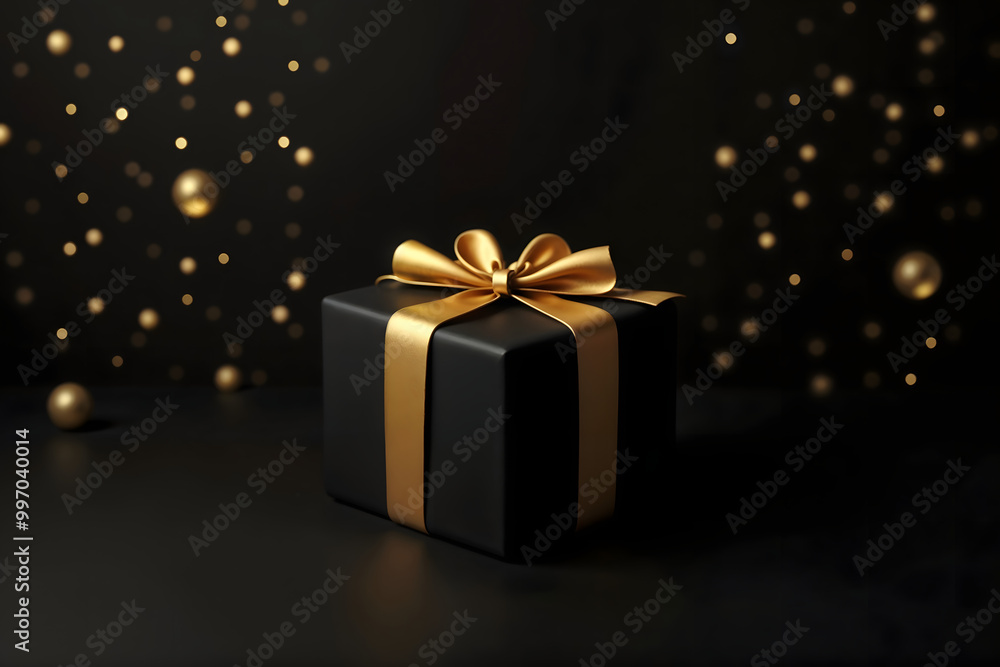 Black gift box with golden ribbon on black background, festive mood, perfect for New Year celebration Black gift box with golden ribbon on black background, festive mood, perfect for New Year celebration