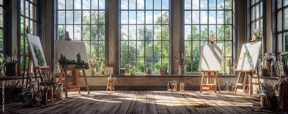 A farmhouse art studio with large bay windows, distressed wooden floors, easels holding canvases in progress, and jars of brushes bathed in natural light A farmhouse art studio with large bay windows, distressed wooden floors, easels holding canvases in progress, and jars of brushes bathed in natural light