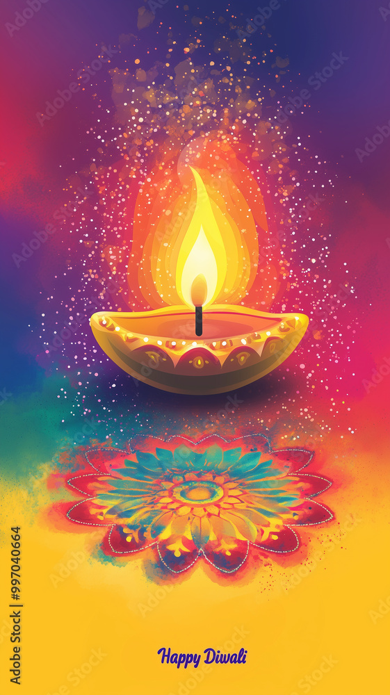 Illustration of Diwali festival Diya Lamp with rangoli at the bottom, vibrant colors, text Illustration of Diwali festival Diya Lamp with rangoli at the bottom, vibrant colors, text